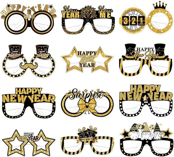 12Pcs Happy New Year Glasses, Black and Gold New Years Eve Paper Eyeglasses 2026 Glasses Photo Booth Props for 2026 New Years Eve Party Supplies
