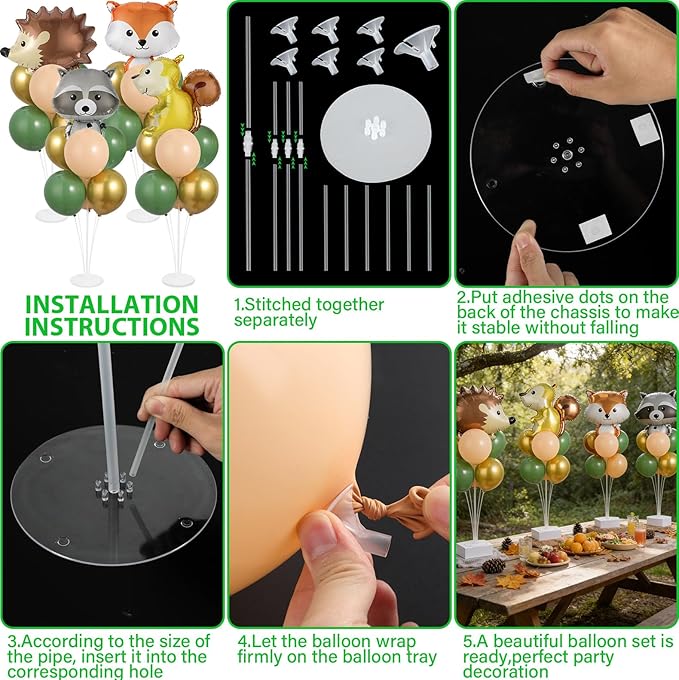 4 Sets Woodland Animals Party Balloons Stand Kit with Hedgehog Raccoon Fox Squirrel Foil Balloons Sage Green Brown Party Balloon Centerpiece for Tables for Forest Safari Jungle Birthday Party Decor