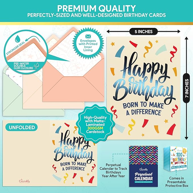 Decorably 100 Pack Foiled 5x7in Assorted Happy Birthday Cards Bulk with Envelopes and Stickers, 100 Folded Unique Designs for Friends, Family & Loved Ones, Printed Message Inside - Gifting, Mailing