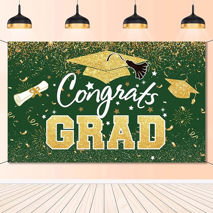 Graduation Party Decorations - Green Gold Congrats Grad Class of 2026 Backdrop Banner Large Sign Wall Decorations Photography Background Party Supplies for 2026 Graduation Party Decorations