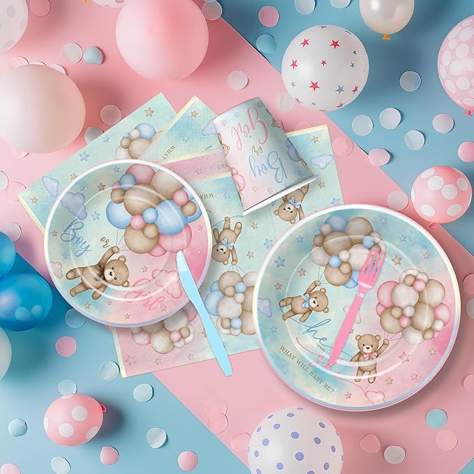 Bear Gender Reveal Decorations Party Tableware - Bear Boy Or Girl Gender Reveal Supplies, Paper Plate, Cup, Napkin, Disposable Fork, He Or She Gender Reveal Table Decorations | Serve 24
