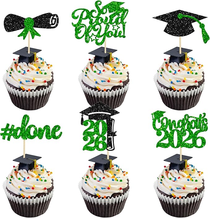 Gyufise 24Pcs Graduation Cupcake Toppers 2026 Glitter Class of 2026 Cupcake Toppers So Proud of You Congrats Grad Cap Diploma Cupcake Picks for Graduation Party Decorations 2026 Green