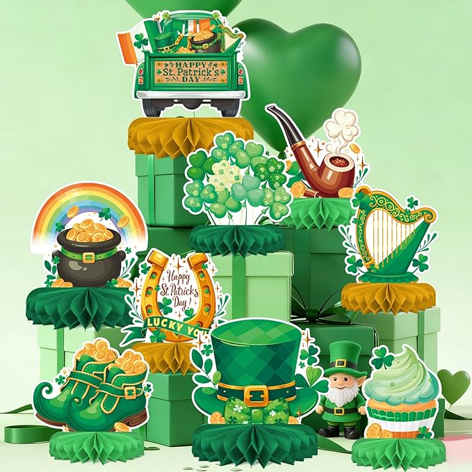 St Patrick's Day Decorations Set - St Patricks Day Honeycomb Centerpieces & Shamrock Beer Table Toppers, for Irish Classroom & St. Patrick's Day Party Supplies