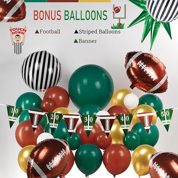 Football homecoming Balloon with Green White Gold Balloons with large star stripe Foil balloons and Football Banner for sport theme tailgate super league touch down birthday decorations