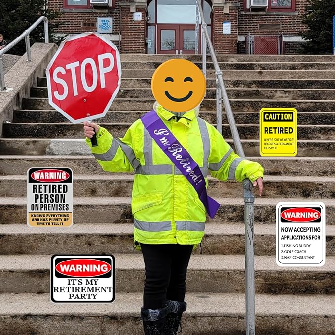 Happy Retirement Party Decorations - 9PCS Signs, Retirement Gifts for Women & Men, Table Centerpieces Yellow Caution Logos on Door Windows Yard Garden Warning Retired Person On Premises Sign
