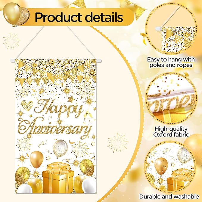 Anniversary Party Decorations White Gold Happy Anniversary Door Banner Sign Small Wedding Anniversaries Door Hanging Banner Porch Front Door Decor for Women Men Cruise Door Sign Supplies