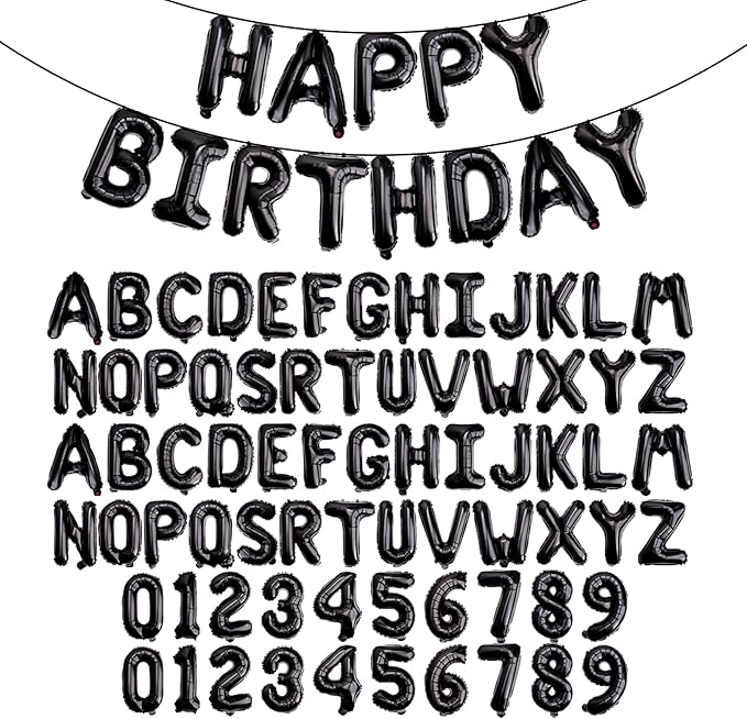 [85 PCS] 16" Black Letter Number Balloons, Happy Birthday & 2 Sets of A-Z 0-9, Foil Mylar Aluminum Hanging Alphabet for Graduation New Year eve Birthday Party Decorations