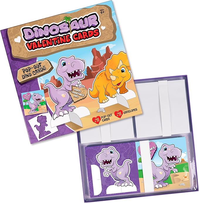 Kangaroo 28 Pack Dinosaur Valentines Day Cards with Envelopes & Stickers Bulk - Dino Pop Out Cards for Valentine - Valentines Day Cards for Kids School Classroom - Party Favors for Boys & Girls Class