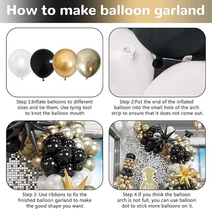 New Years Balloon Garland Arch Kit Black and Gold Explosion Star Balloons Black Pearl White Champagne Gold Balloon for Happy New Year Eve 2026 Grad Birthday Retirement Baby Shower Party Decor