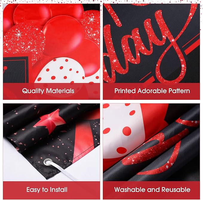 Blulu Happy Birthday Backdrop Banner Sign Poster Large Fabric Glitter Balloon Fireworks Sign Photo Backdrop Background for Birthday Party Decoration Supplies, 72.8 x 43.3in(Black and Red)