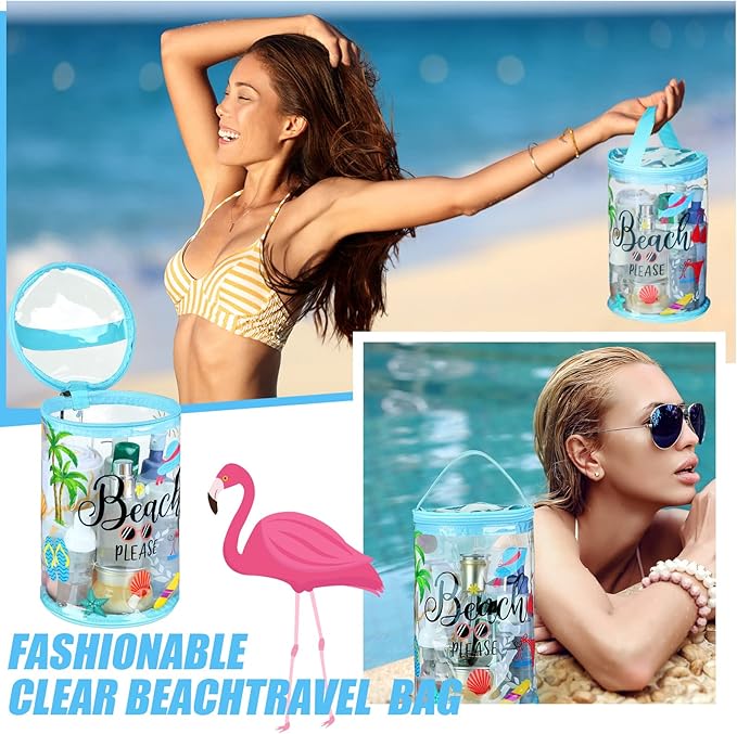 Sanwuta Beach Gifts Heavy Duty Clear Lotion Toiletry Bags for Travel Sunscreen Makeup Cosmetic Pouch Cylinder Bag Waterproof Portable Trip Bag with Handle Zipper(Beach Please)