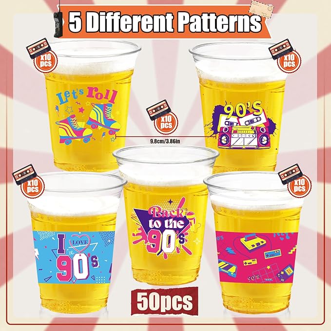 90s Theme Party Decoration Cups, 50 Pcs 16 OZ Disposable Plastic Cups for Retro Music Hip Hop Throwback Dance Back to 90's Birthday Party Favor Supplies