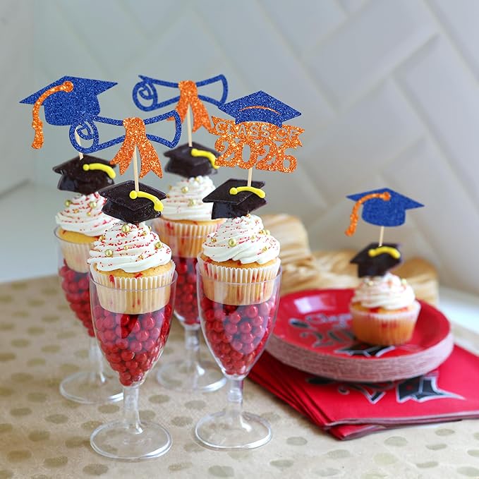 Gyufise 24Pcs Class of 2026 Graduation Cupcake Toppers Glitter Diploma 2026 Graduation Cap Cupcake Picks for 2026 Theme Party Cake Decorations Supplies Orange Blue