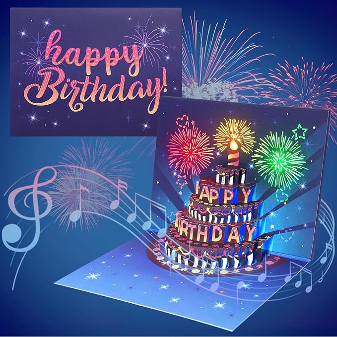 INPHER UPGRADED Birthday Cards Fireworks Pop Up Cake Light and Music Happy Birthday Gifts Decorations for Women, Men, Mom, Grandma