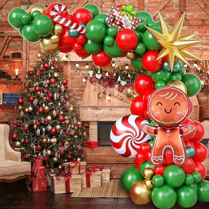 Christmas Balloon Garland Arch Kit, Red Green Gold Balloons with Bell Candy Cane Gingerbread Man Gold Explosion Star Foil Balloons for Christmas Party Decorations New Year Celebration