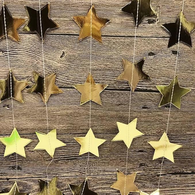 Gold Glitter Star Garland Hanging Decorations, Streamer Bunting Banner Decorations,65 Feet, Twinkle Star Backdrop for Graduation, Birthday, Wedding, Christmas Party, New Year (Gold)