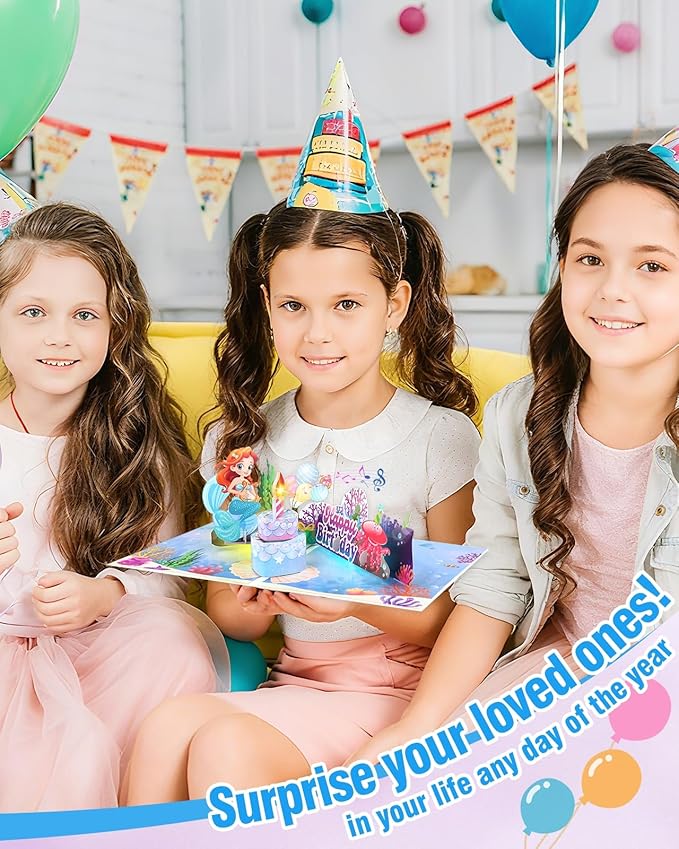 FaCraft Mermaid Birthday Card - 3D Musical Birthday Card for Kids Daughter & Girls - Blowable Candle with Cheering Sound - 8x6 Handmade Pop Up Kids Birthday Card with Envelope & Seal
