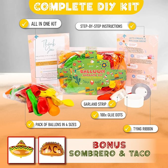 ALL-IN-1 Mexican Balloons Arch Kit & Garland with BONUS Taco Small and Large Red Yellow Orange Green Fiesta Balloons Mexican Party decorations & supplies for birthday, Cinco De Mayo