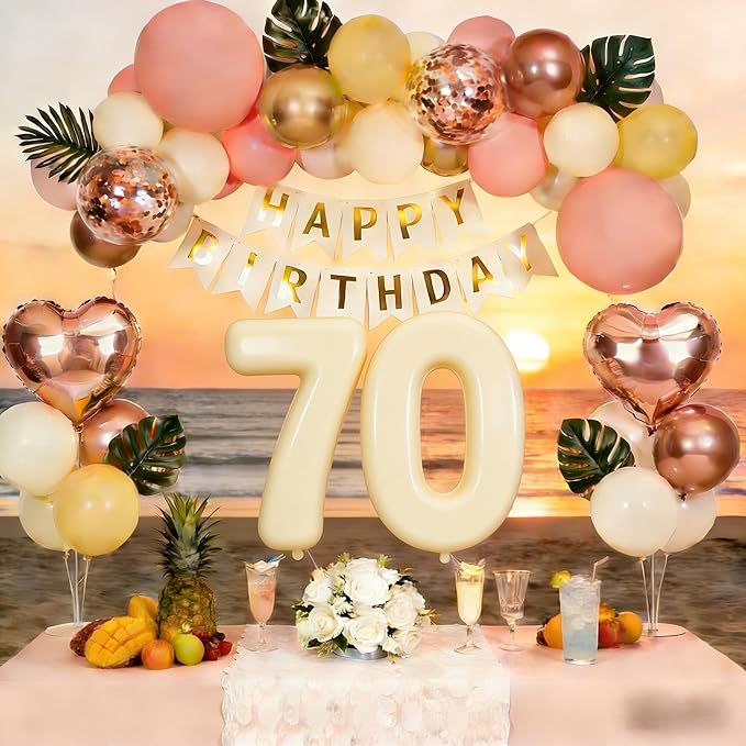 70th Birthday Decorations for Women, Retro Sand White and Cream Balloon Garland Kit, Cream Number 70 Balloon, Pink Happy 70th Banner, Milestone Party Supplies