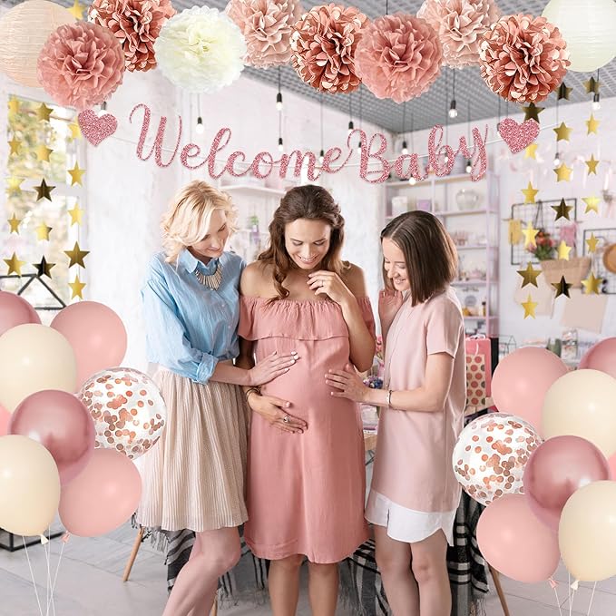 Amandir Dusty Pink Girl Baby Shower Decorations Welcome Baby Banner, Cake Topper, Paper Lanterns, Gold Balloons Pom Poms Flowers Tassels, Circle Dots Star Garland Gender Reveal Birthday Party Supplies