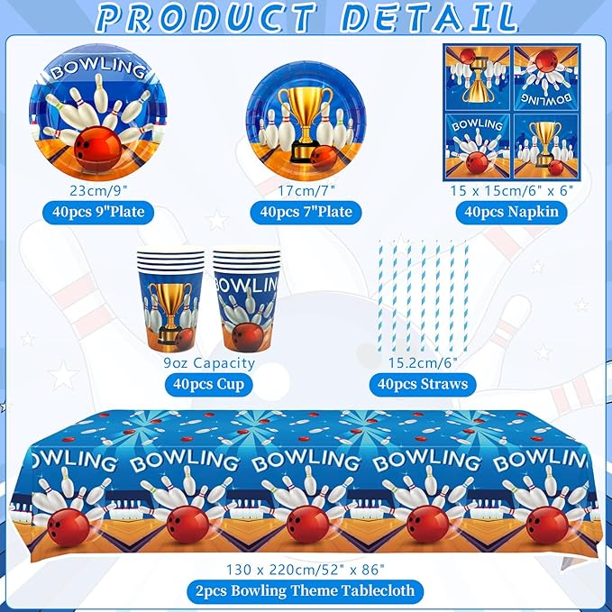 KEFAN Bowling Birthday Party Decorations, Bowling Theme Party Tableware Supplies including Plates, Cups, Napkins, Tablecloth (40)