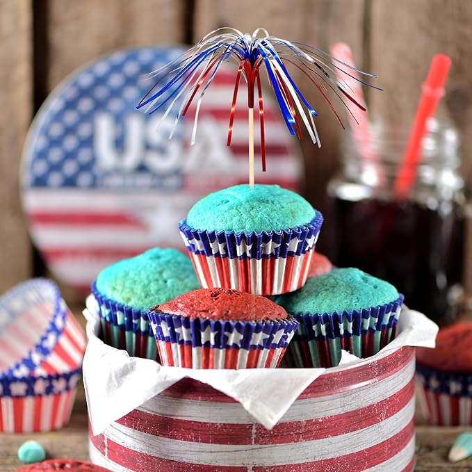 100 Pack 4th of July Cocktail Picks,6inch Patriotic Fireworks Toothpicks for Appetizers,Red White Blue Bamboo Skewers Sticks for Fourth of July Party Supplies Independence Day Decorations