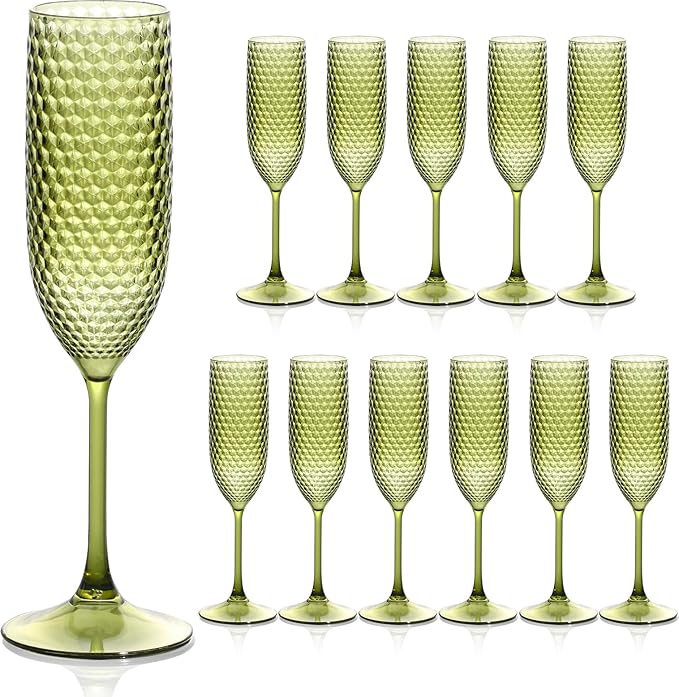 Plastic Champagne Flutes Champagne Glasses Unbreakable Wedding Toasting Glasses Reusable Diamond Wine Glasses Crystal Clear Party Wine Cups Vintage Drinking 5.5 OZ for Wedding (12, Green)