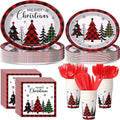 Havawish 175 Pcs Christmas Party Supplies Christmas Tree Disposable Tableware Set Red Black Buffalo Plaids Oval Paper Plates Cups Napkins Fork Knife Spoon for Xmas Holiday Party Table Decorations