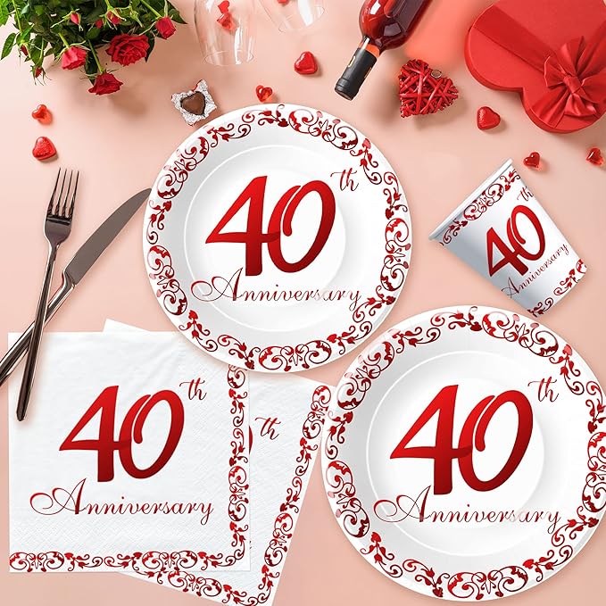 APOWBLS 40th Anniversary Plates And Cups Party Supplies - Ruby 40th Wedding Anniversary Decorations Dinnerware, Dinner Plate, Dessert Plates, Cups, Napkins | Serves 24
