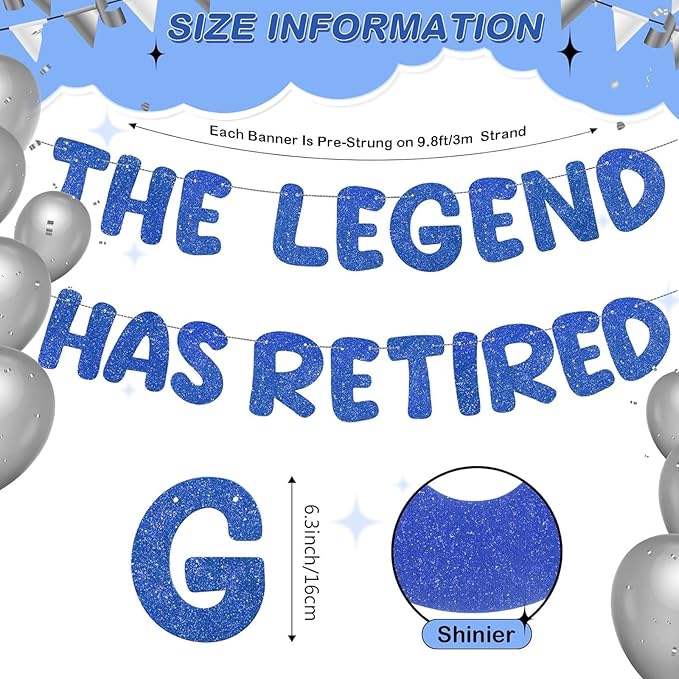 Fulmoon Pre Strung the Legend Has Retired Glitter Banner 9.8 ft Retirement Banner Retirement Party Decorations Garland Bunting for Men Women Gifts, No DIY(Blue)