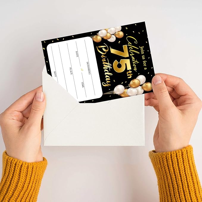75th Birthday Invitation Cards with Envelopes - Classic Gold Theme Fill in The Blank Birthday Party Invite Cards, for Man, Woman Entertain Banquet Party Supplies, 20 Invites With Envelopes - B19