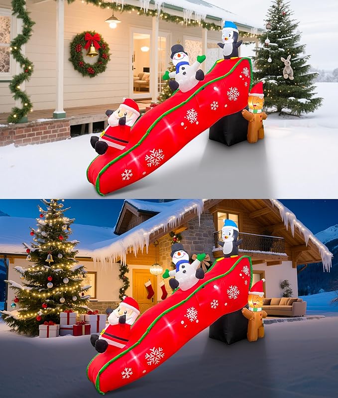 EAONE 7FT Christmas Inflatables Outdoor Decorations, Cute & Funny Inflatatable Christmas Santa Snowman Slide Blow Ups Yard Decoration with Lights for Garden Lawn Home Xmas Holiday Season Decor