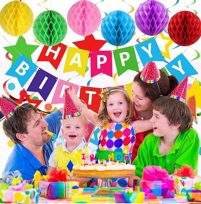 Colorful Birthday Decorations, Happy Birthday Banner with Honeycomb Balls, Stars Hanging Swirl Streamers, Buntings Circle Dots Garland, Party Decorations for Women Men Boys Girls (Colorful)
