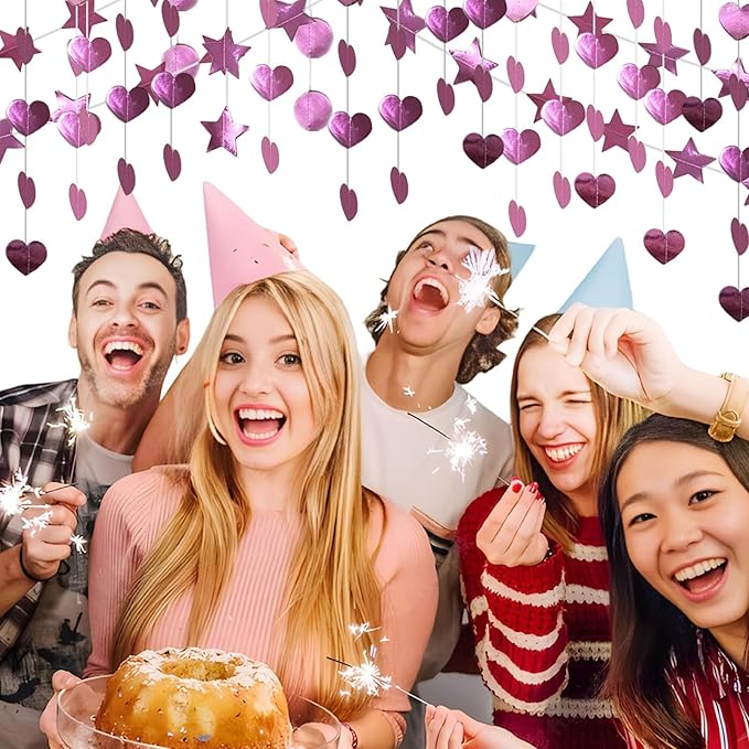 Pink Dot Heart Star Streamers 19.8 Feet Paper Garlands Glitter Disco Garland Hanging Banner for Birthday Homecoming Classroom Mothers Day Wedding Engagement Birthday Party Supplies
