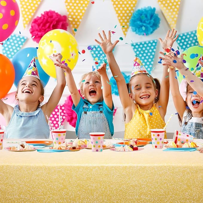 Kesfey 3 Packs Ombre Gold Plastic Tablecloth 54 x 108 Inch Gradient Pastel Gold Sequin Table Cloths Rectangle Disposable Waterproof Yellow Sprinkle Glitter Table Covers for Birthday Party Decorations