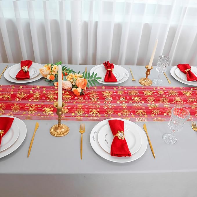 Snowkingdom Red Table Runner, 120 Inches Long Sheer Tulle with Gold Snowflake for Winter Holiday Wedding Home Party Valentine's Day New Year Christmas Table Decor
