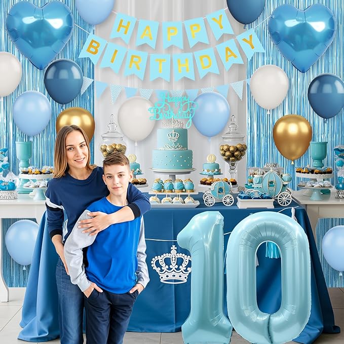 10th Birthday Decorations Blue White Gold,10th Birthday Balloons with Happy Birthday Banner Fringe Curtain Heart Foil Balloons for Boys Girls 10 Year Old Birthday Decor