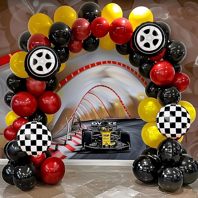 Race Car Balloon Garland Arch Kit, 160Pcs Red Yellow Black Latex Balloons Wheel Checkered Foil Balloons for Racing Car Two Fast 2nd Birthday Party Decorations