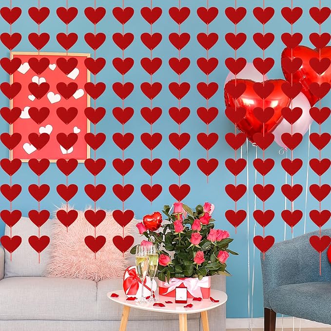 120PCS Felt Hearts, 12PCS Heart Banner, No DIY Hanging Heart Banner Indoor Outdoor Red Garland Heart Party Decor for Wall Window Door Fireplace