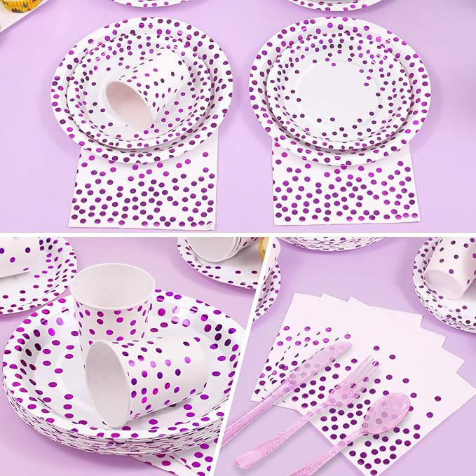 Purple Birthday Plates Decorations Party Supplies,168PCS Disposable Plates for 24 Guests - Purple Polka Dots Decorations for Birthday, Retirement, Wedding