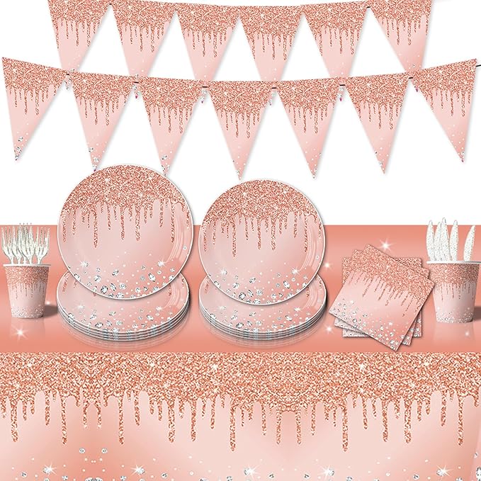 2Pcs Pink Rose Golden Birthday Party Tablecloths Rose Gold Sequin Plastic Table Cover, Pink Rose Gold Birthday Party Supplies Decorations for Girls Women, Graduation, Anniversary, Holiday