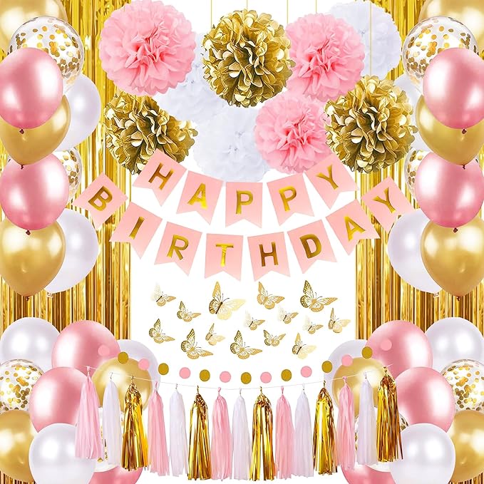 Pink and Gold Birthday Party Decorations for Women with Happy Birthday Banner,Curtains, Butterfly Wall,Circle Dots Garland,Tissue Pompoms,Paper Tassels Garland for Her