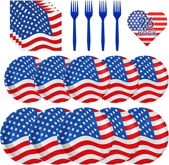 American Flag Patriotic Party Supplies - 4th of July Paper Plates, Napkins and Forks Set, Disposable Dinner Dessert Plates and Napkins for Memorial Day Independence Day Table Decorations, Serves 24