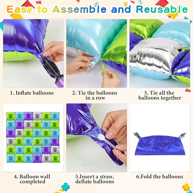 36 Pcs Buzz Birthday Decorations Balloons Brick Square Foil Balloons Wall Backdrop Arch Kit Double Sided Metallic for Cartoon Video Game Party Supplies(Green Purple Blue Silver)