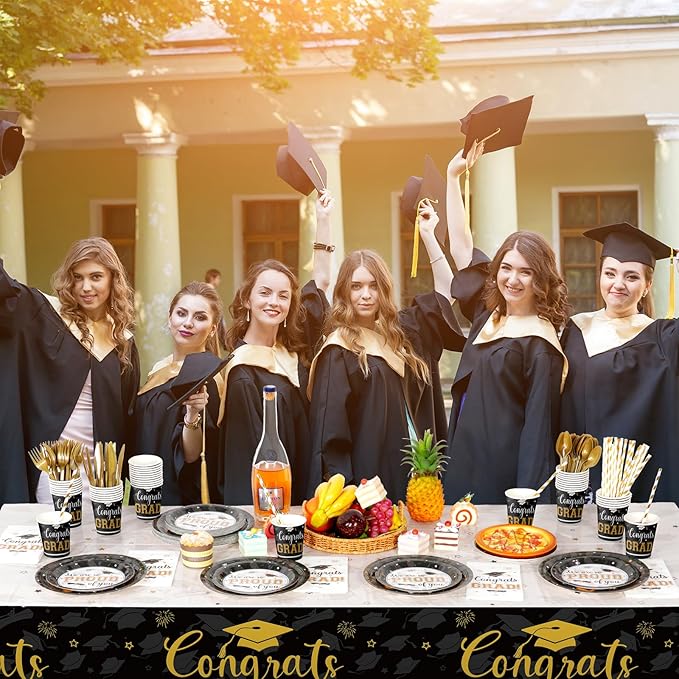 Graduation Party Supplies Congrats Grad Plates and Napkins Set Serve 50, Disposable Tableware Paper Plates Napkins Cup Knive Spoon Fork Straw for Class of 2026 Graduation Party Decorations Black Gold