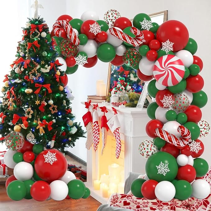 Janinus Christmas Balloons Garland Arch Kit Red Green White Balloons christmas Balloon Arch with Snowflakes Ornaments and candy foil balloons for Christmas Decorations Xmas Party Supplies