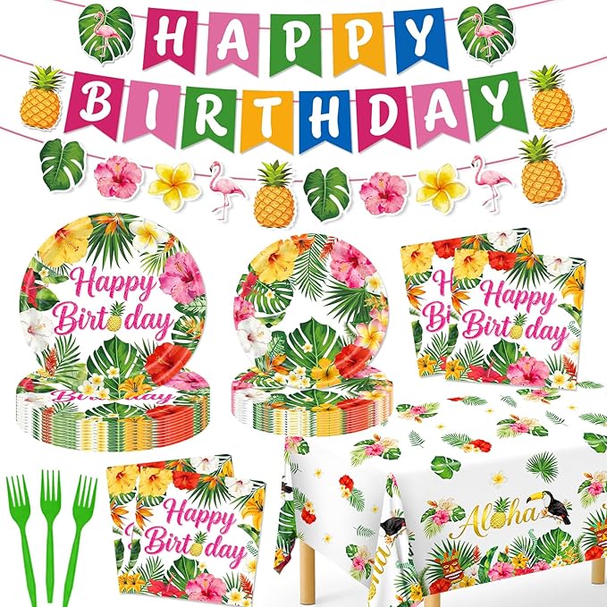 Hawaiian Birthday Party Decorations, 99Pcs Aloha Party Plates-Serve 24 With Birthday Banner Tablecloth Napkins Disposable Dinnerware Set for Hawaiian Birthdays Tropical Summer BBQ Party Decorations