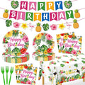 Hawaiian Birthday Party Decorations, 99Pcs Aloha Party Plates-Serve 24 With Birthday Banner Tablecloth Napkins Disposable Dinnerware Set for Hawaiian Birthdays Tropical Summer BBQ Party Decorations