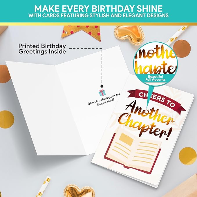 Decorably 100 Pack Foiled 5x7in Assorted Happy Birthday Cards Bulk with Envelopes and Stickers, 100 Folded Unique Designs for Friends, Family & Loved Ones, Printed Message Inside - Gifting, Mailing
