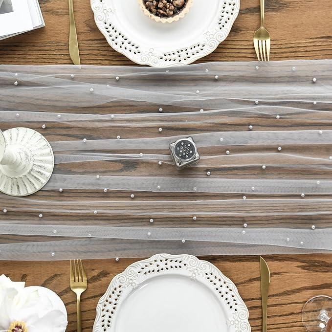 Artoid Mode 3PCS Pearl Grey Gauze Table Runner 120 Inch 10FT, Seasonal Sheer Dining Holiday Wedding Birthday Baby Shower Table Decor for Home Party
